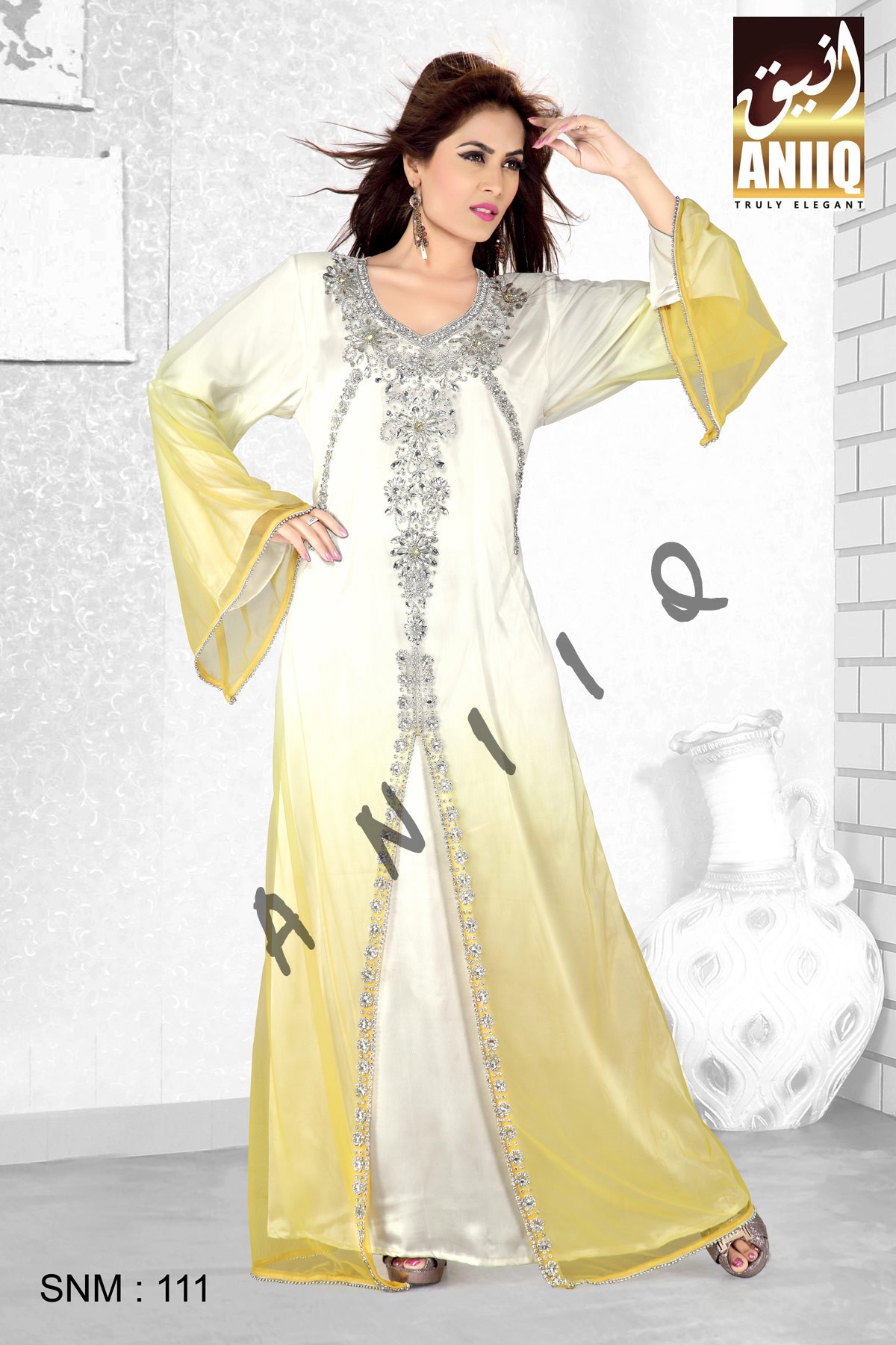 Off white and Yellow  Embroidered  Faux Georgette Kaftan