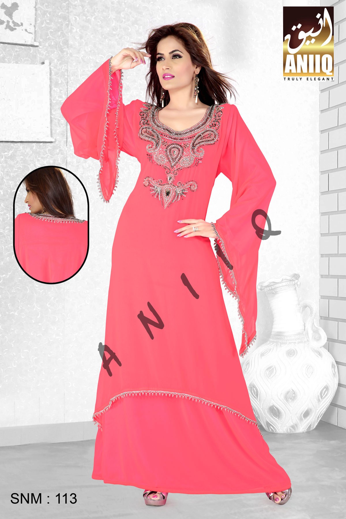 Pink    Embroidered   Faux Georgette   Kaftan