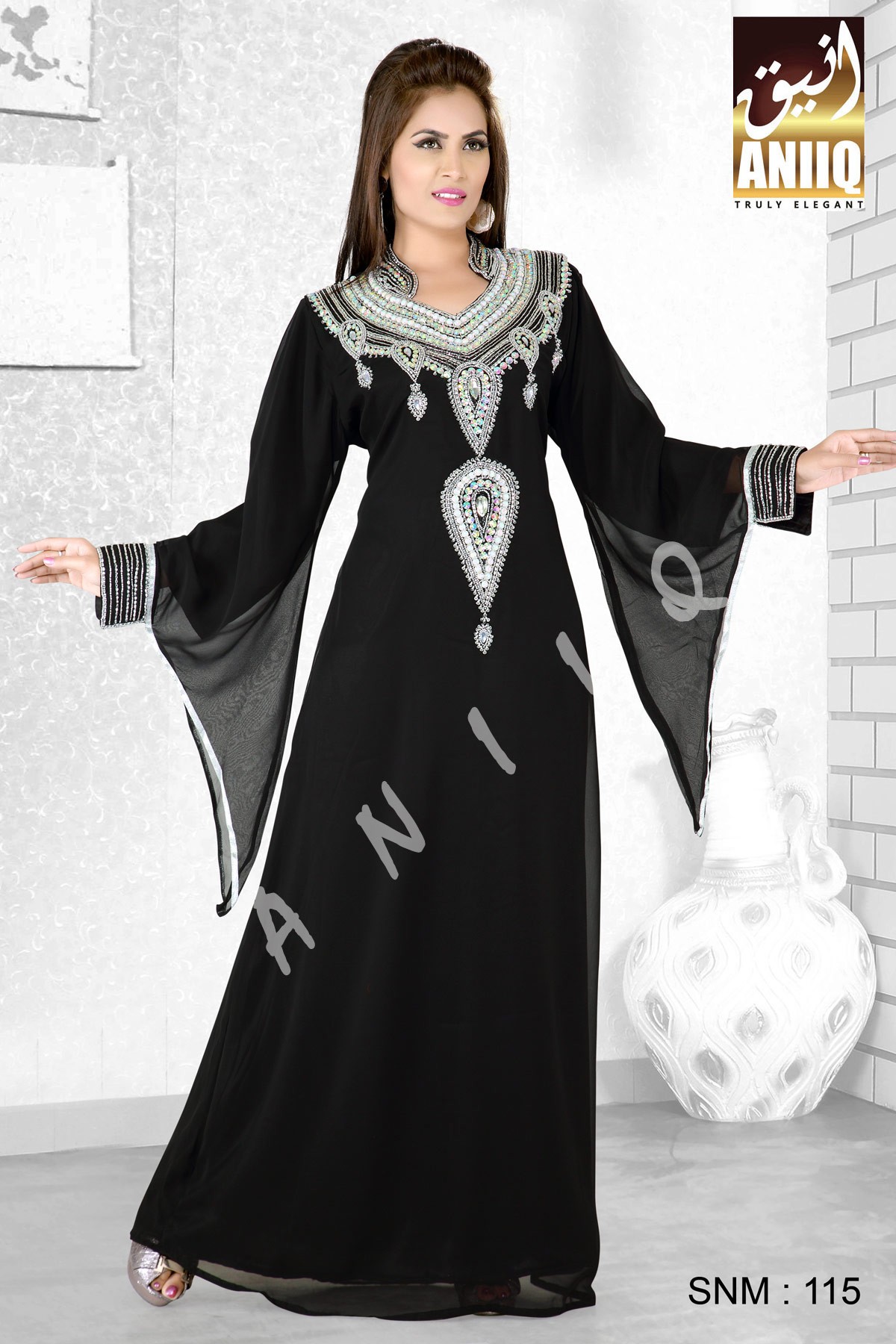 black  embroidered  faux georgette kaftan