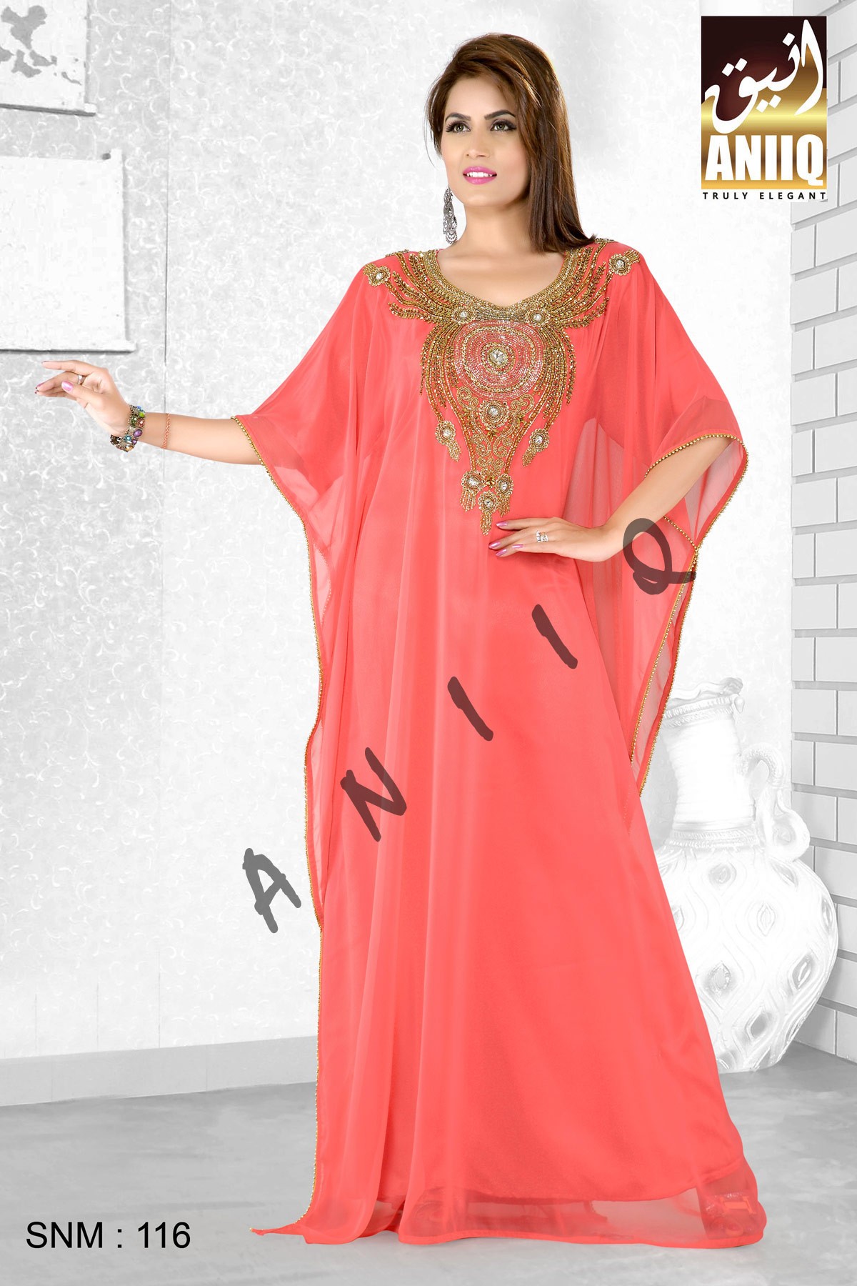 Coral   Embroidered   Faux Georgette   Farasha