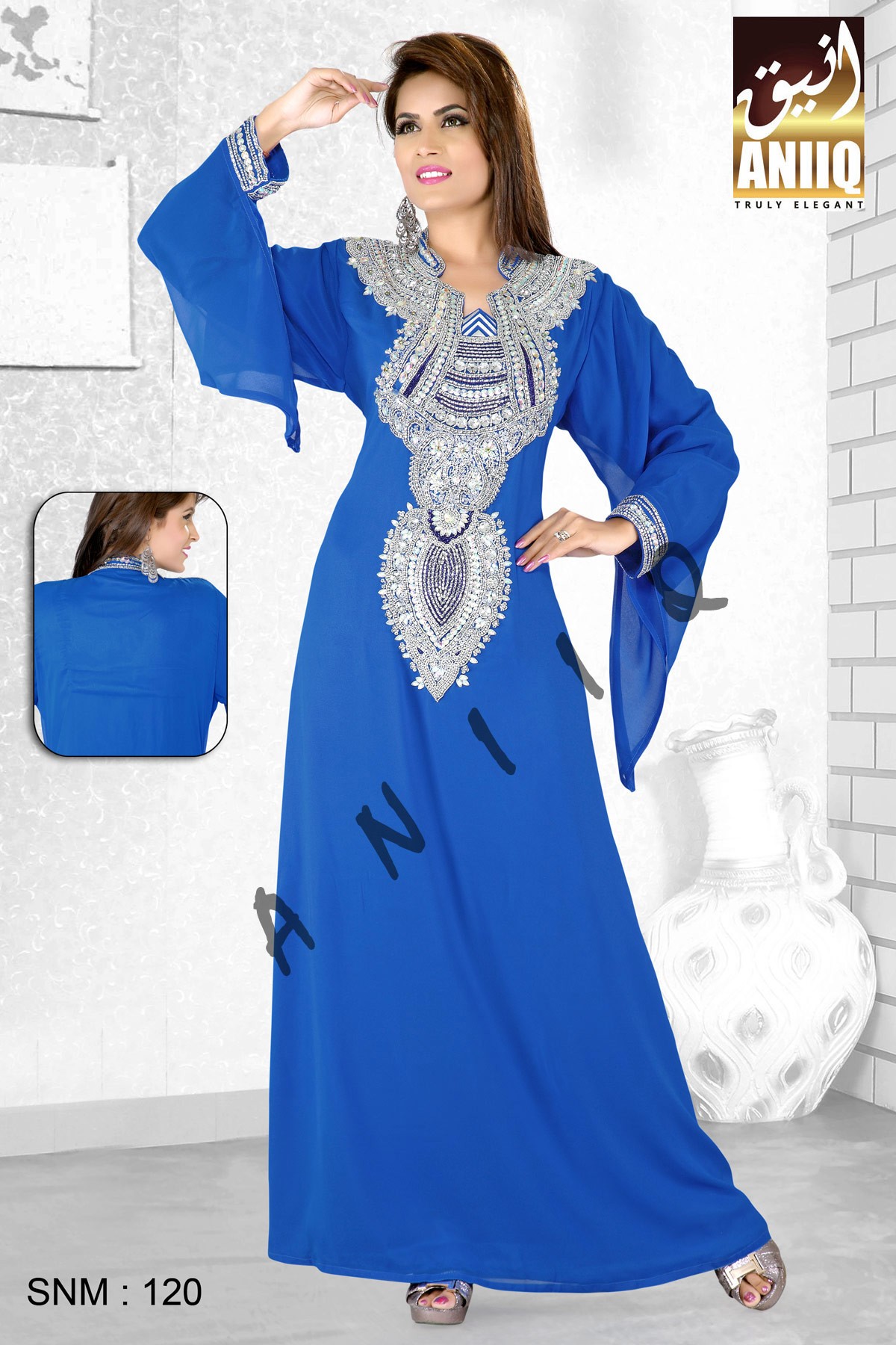 Royal Blue   Embroidered   Faux Georgette   Kaftan