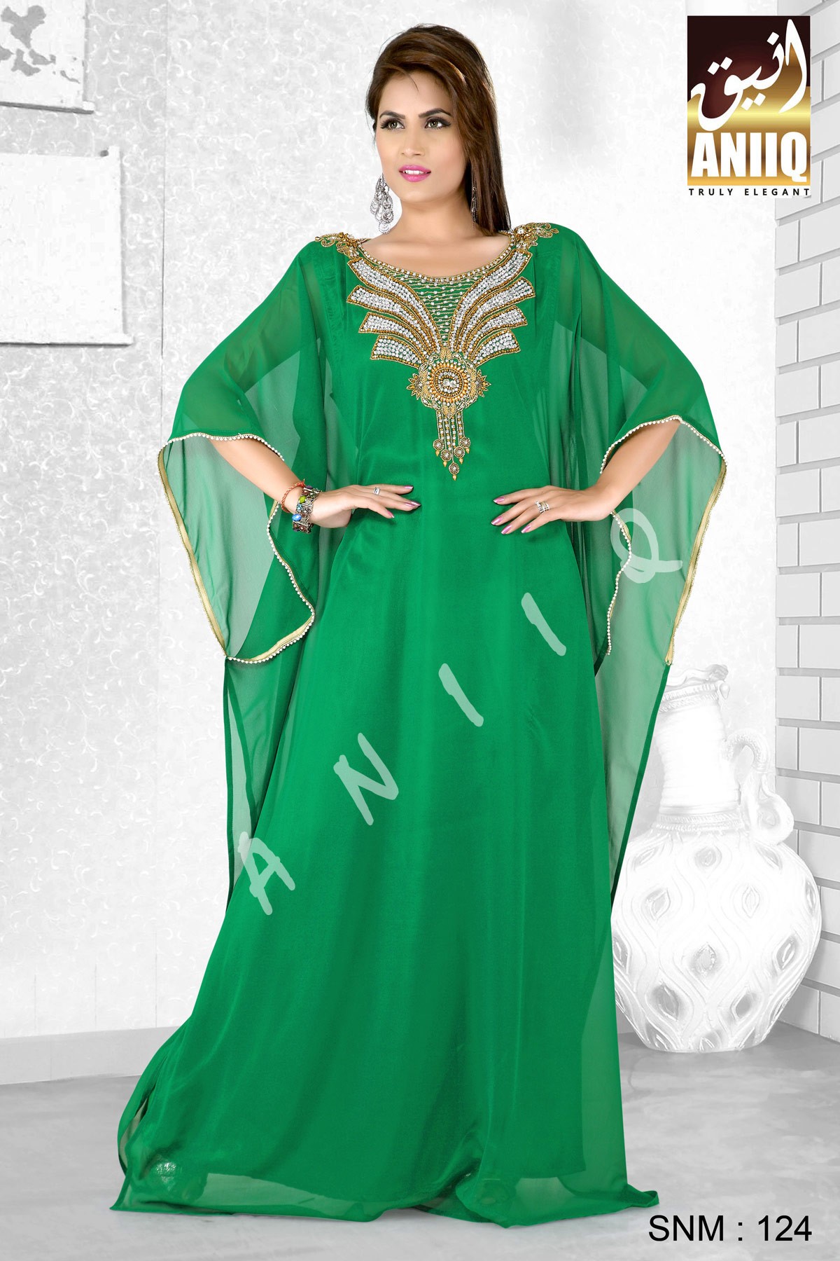Green   Embroidered   Faux Georgette   Farasha