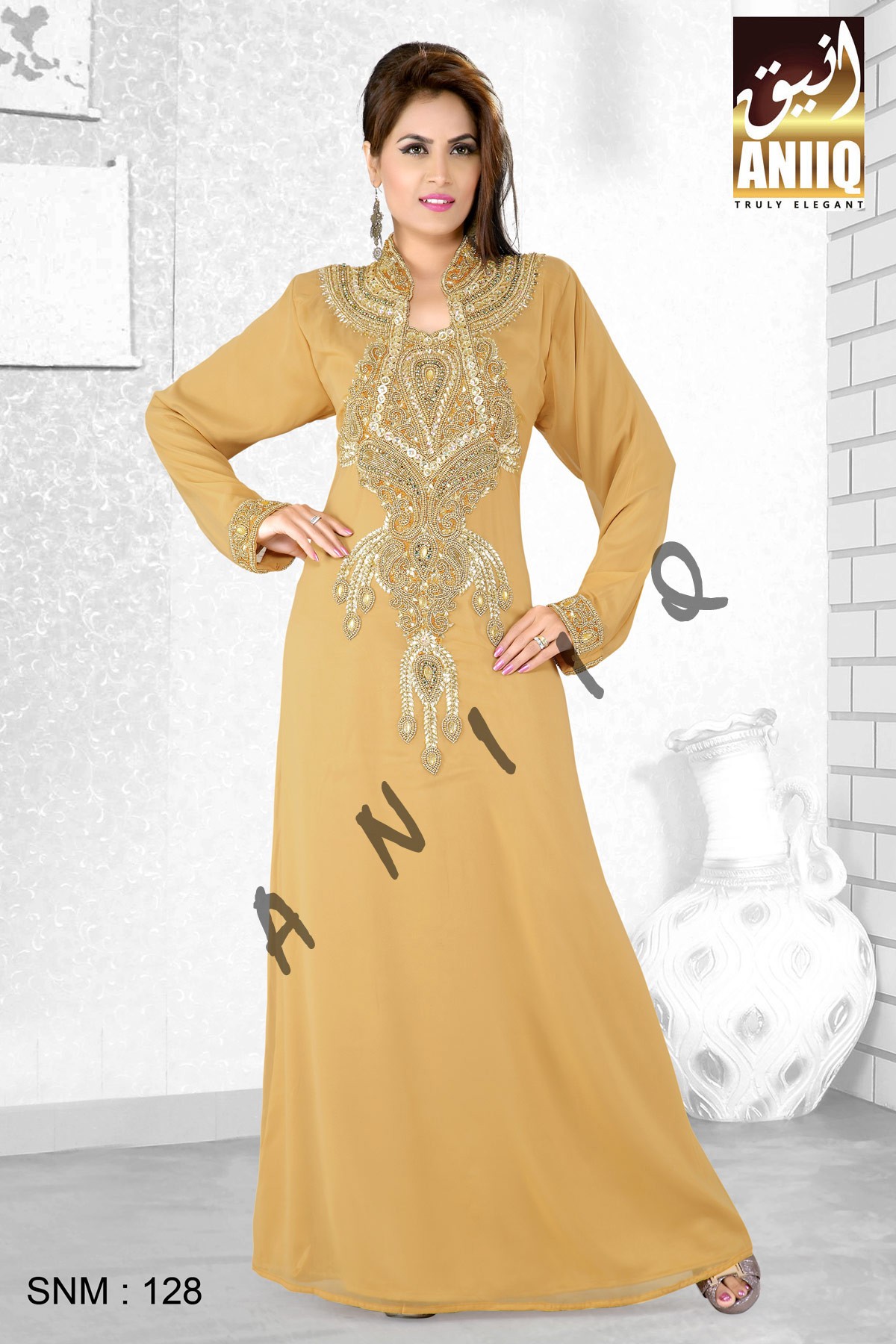 Beige   Embroidered   Faux Georgette   Kaftan