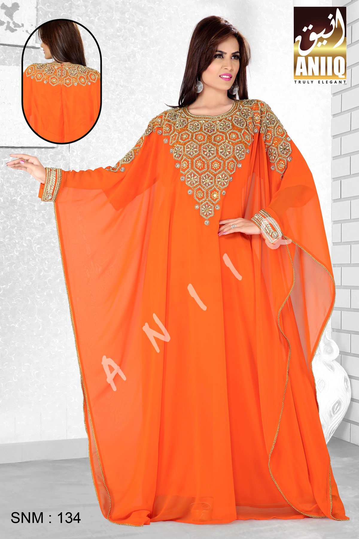 Orange   Embroidered   Faux Georgette   Farasha