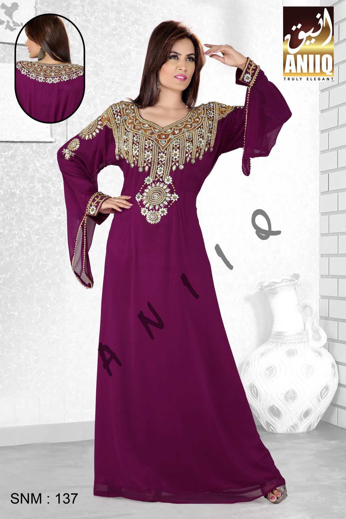 Purple   Embroidered   Faux Georgette   Kaftan