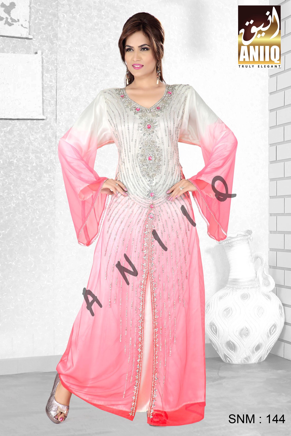 Off White And Pink   Embroidered   Faux Georgette   Kaftan