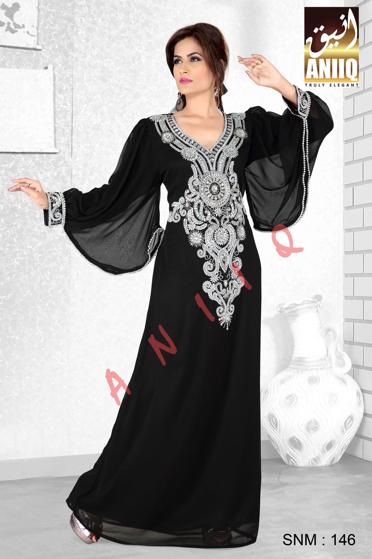 Black   Embroidered   Faux Georgette   Kaftan