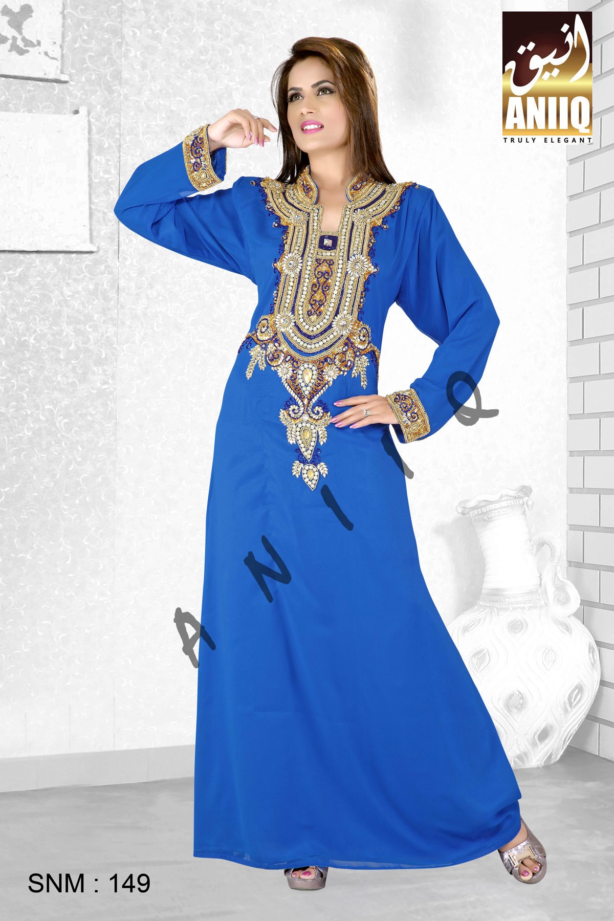 Royal Blue   Embroidered   Faux Georgette   Kaftan 
