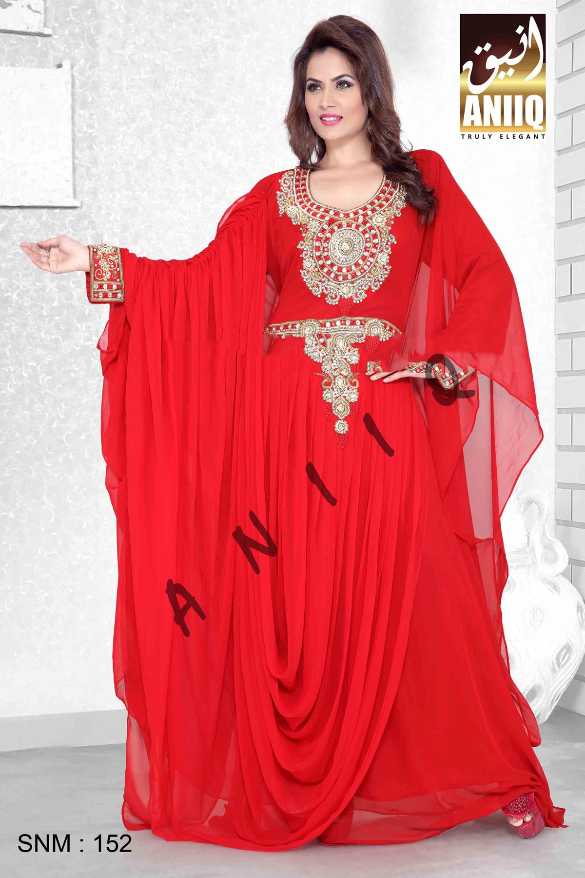 Red   Embroidered   Faux Georgette   Farasha