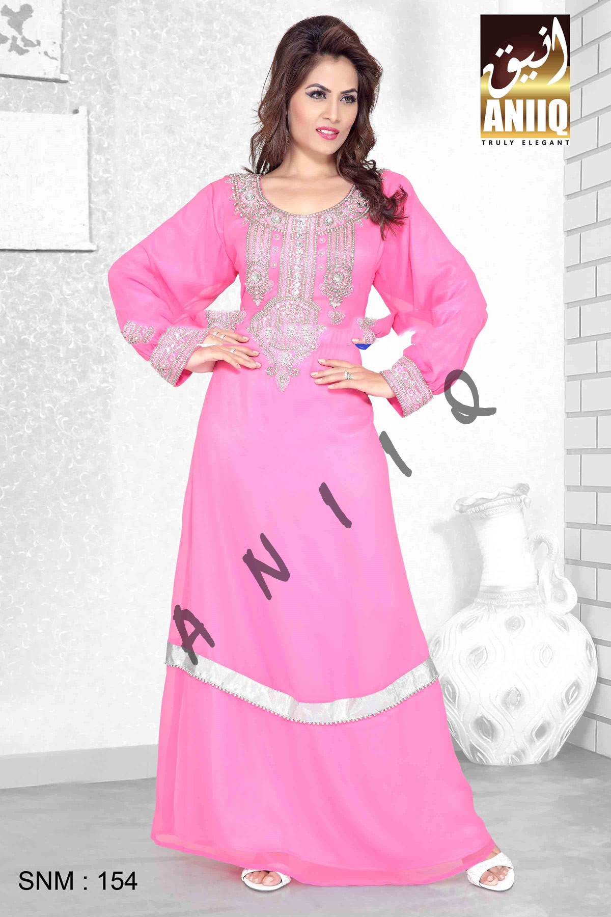 Pink   Embroidered   Faux Georgette   Kaftan