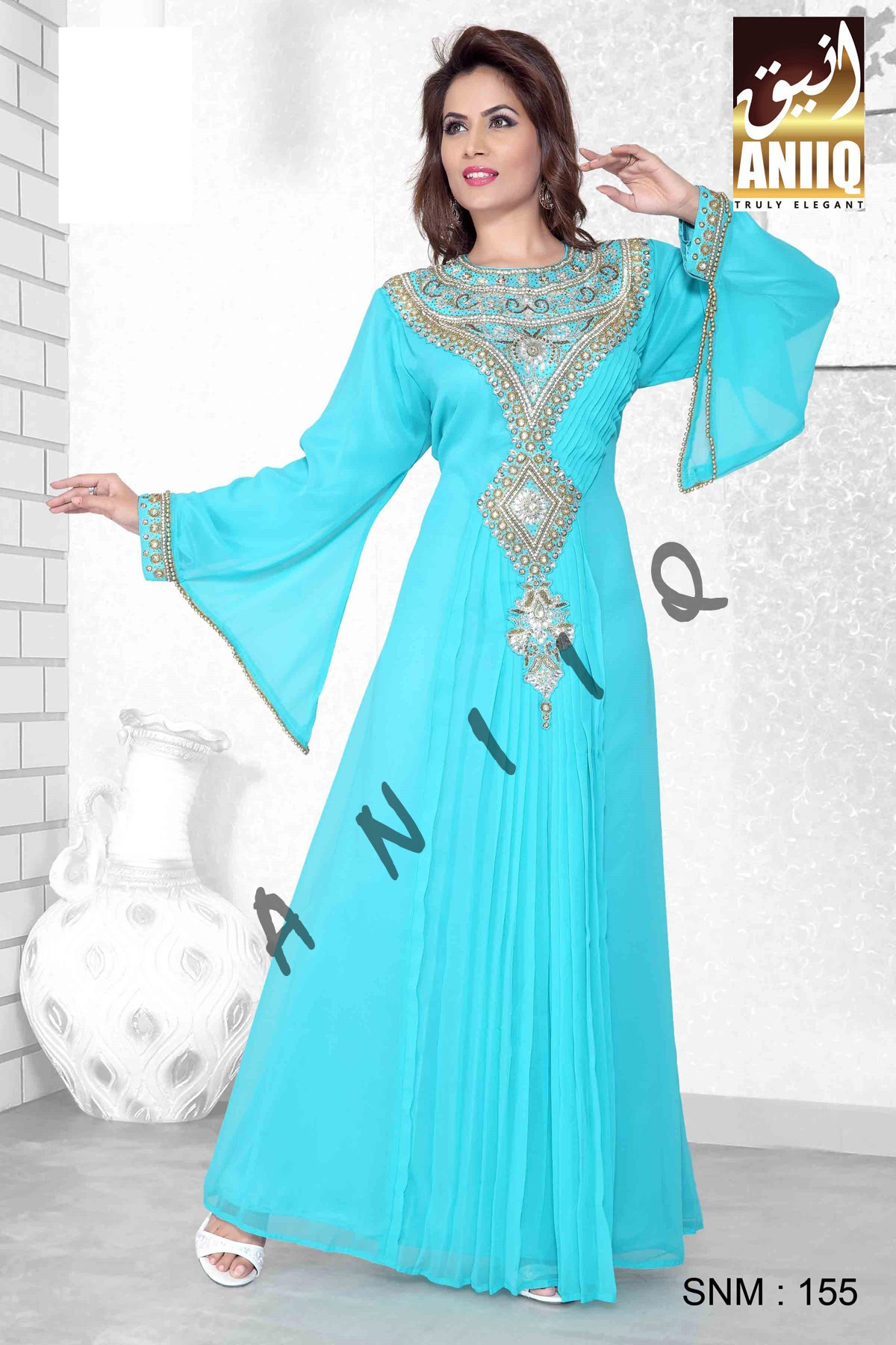 Sea Green   Embroidered   Faux Georgette   Kaftan