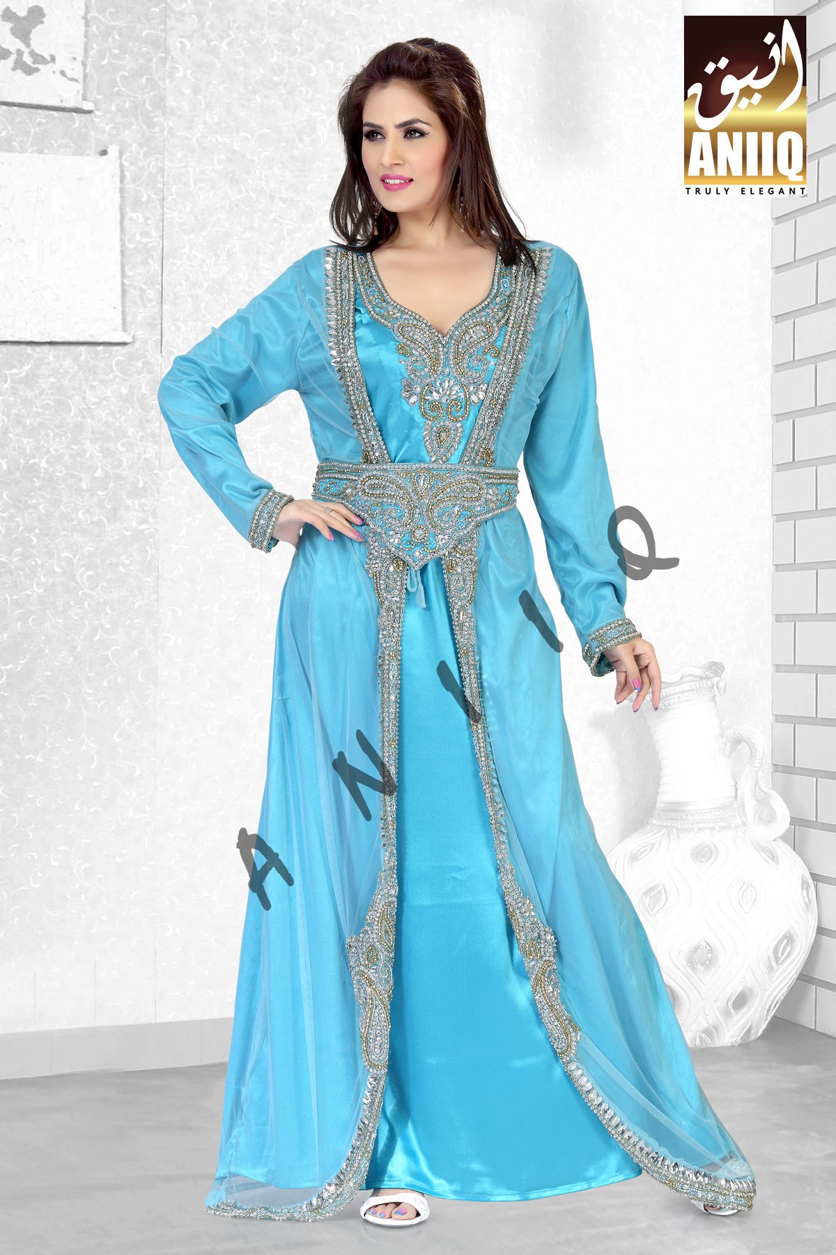 Sky Blue   Embroidered   Faux Georgette   Moroccan Kaftan