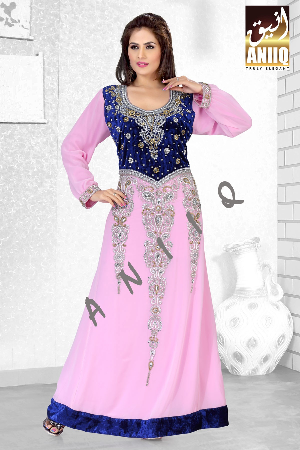 Baby Pink And Royal Blue Velvet   Embroidered   Faux Georgette   Kaftan