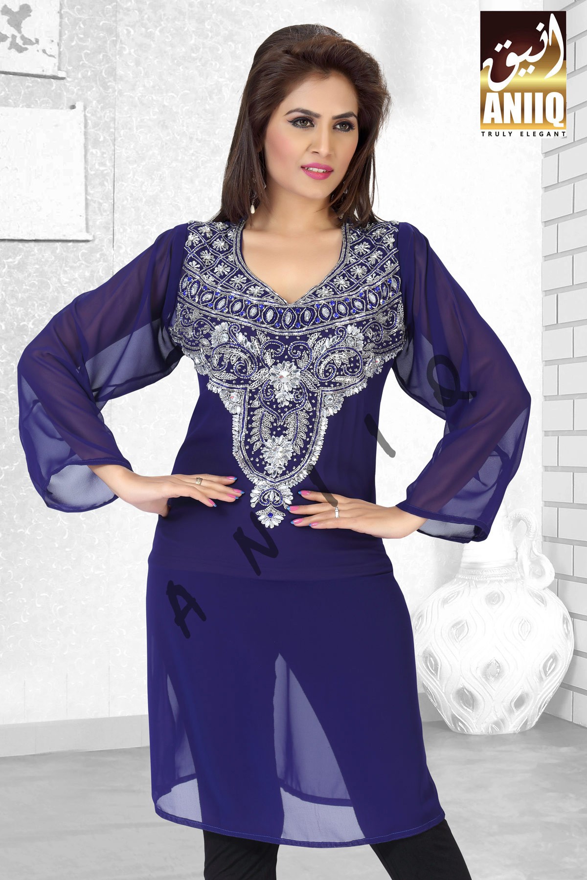 Dark Blue   Embroidered   Faux Georgette   Kurti