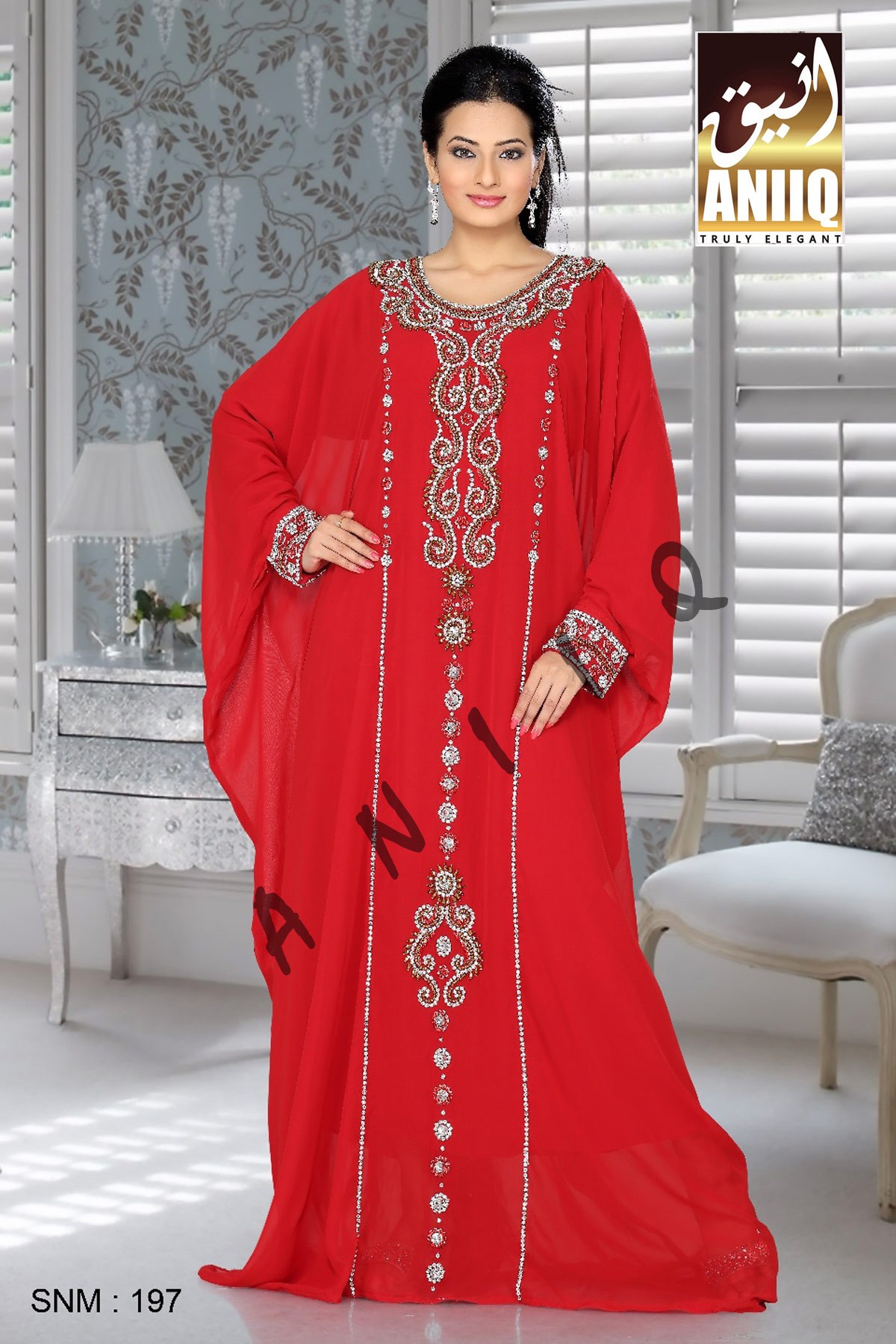 Red   Embroidered   Faux Georgette   Farasha