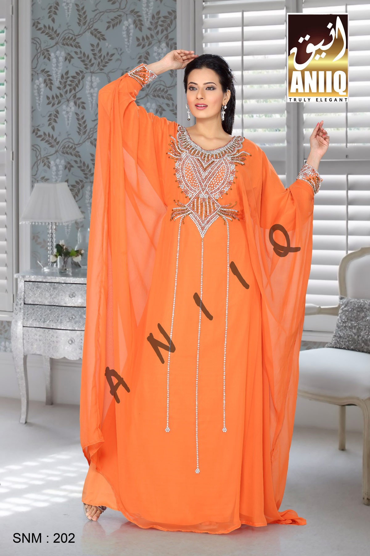 Orange   Embroidered   Faux Georgette   Farasha