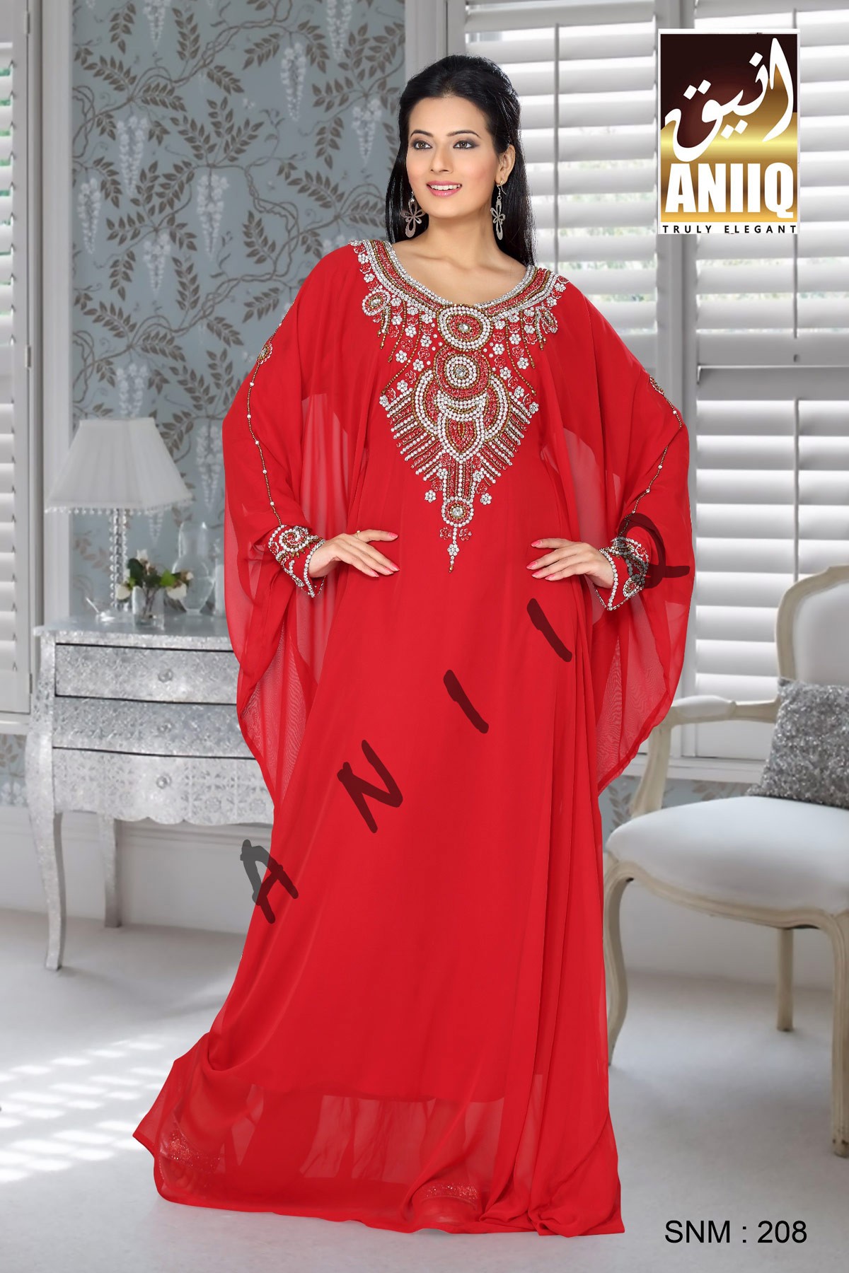 Red   Embroidered   Faux Georgette   Farasha