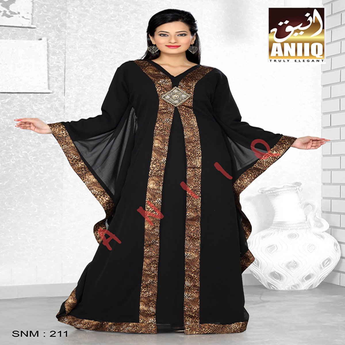 Black With Cheetah Print Satin   Embroidered   Faux Georgette   Farasha