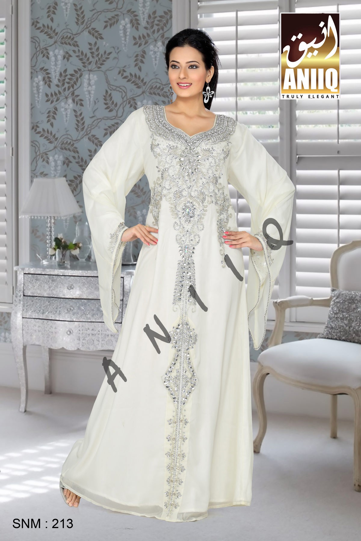 Off White   Embroidered   Faux Georgette   Kaftan