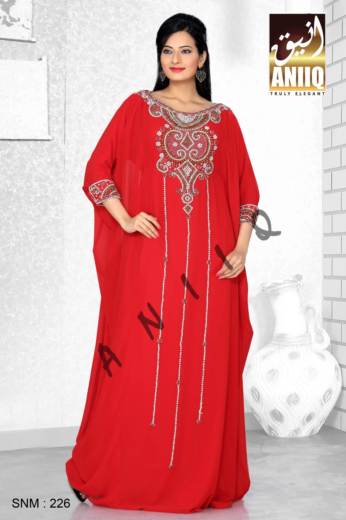 Red   Embroidered   Faux Georgette   Farasha