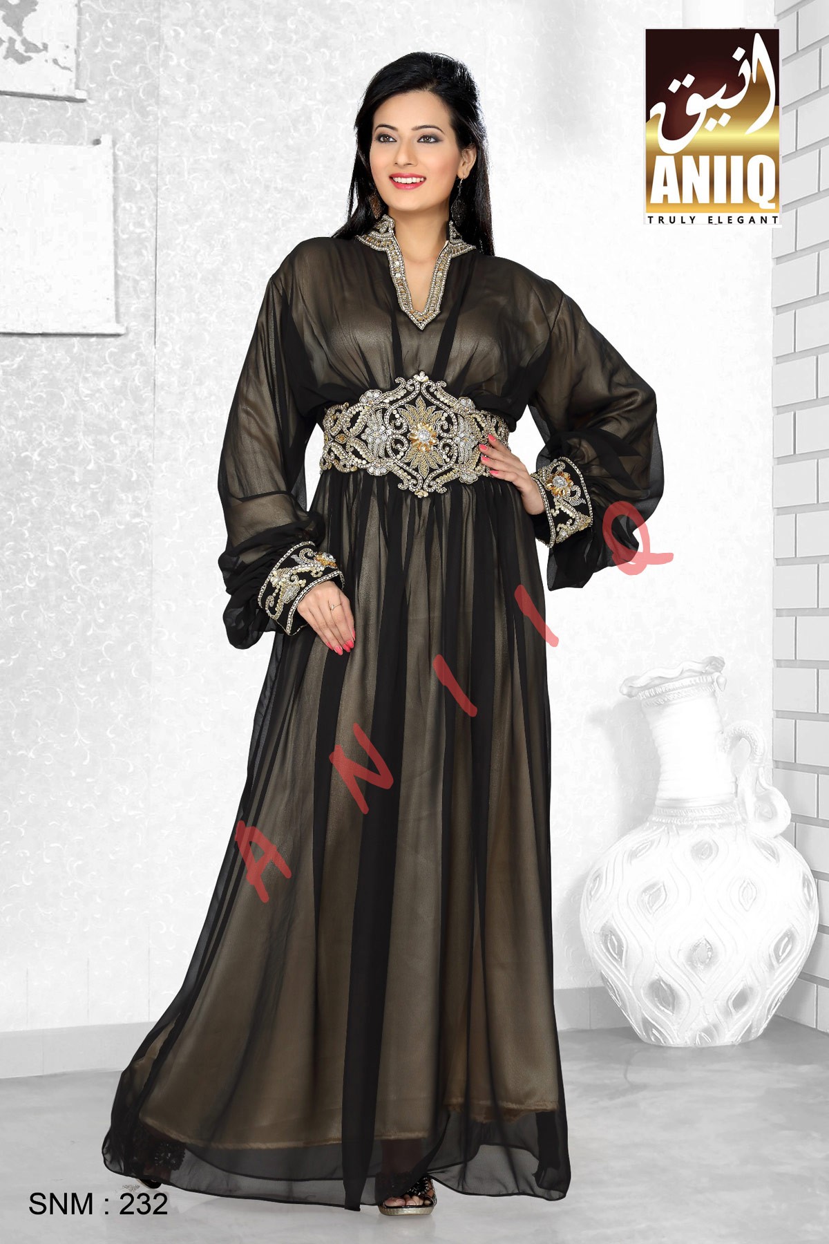 Black And Golden Satin   Embroidered   Faux Georgette   Kaftan