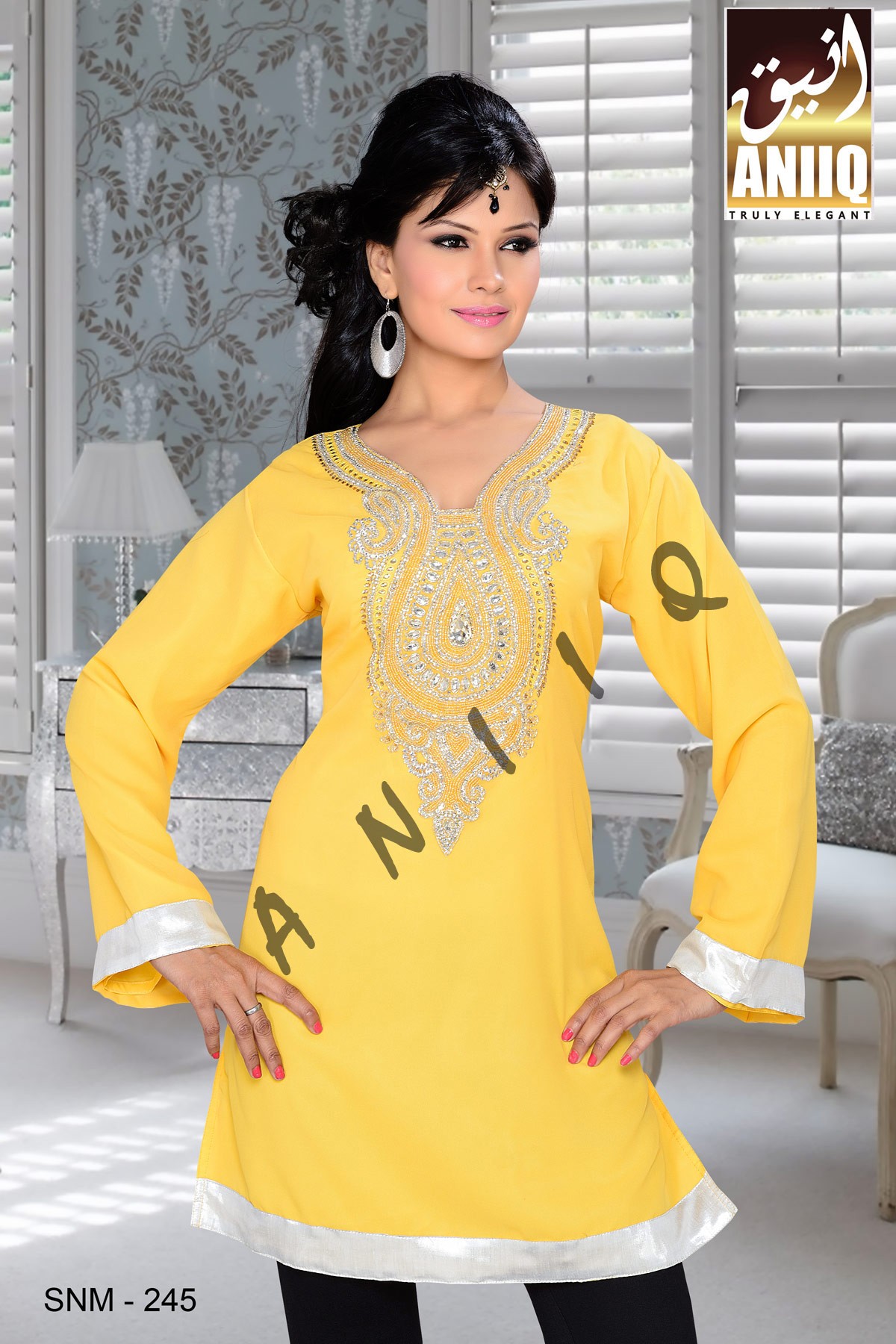 Yellow   Embroidered   Faux Georgette   Kurti