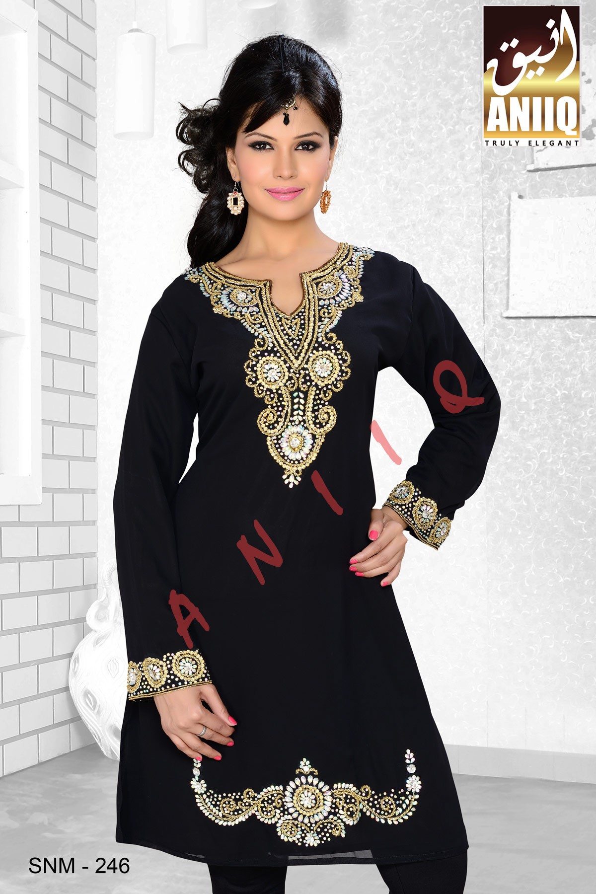 Black   Embroidered   Faux Georgette   Kurti