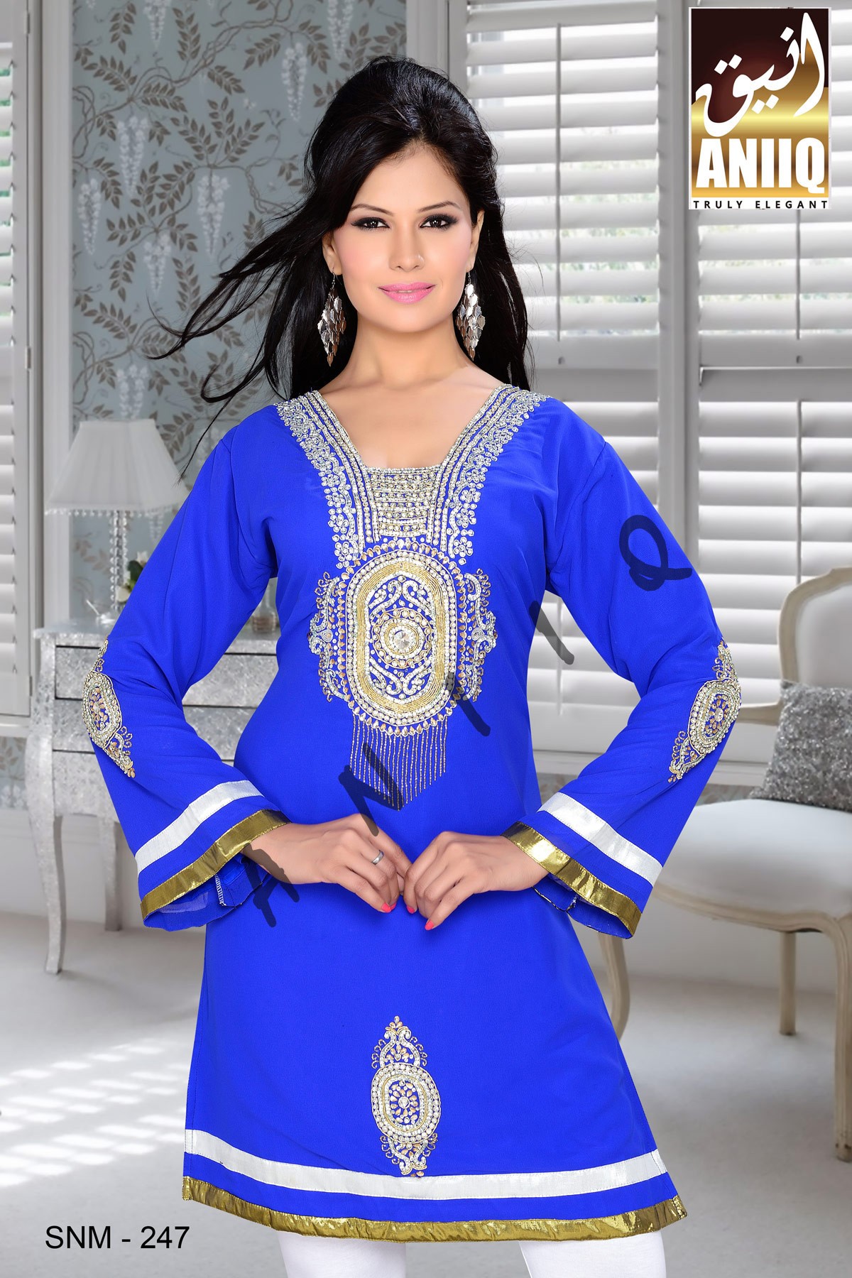Royal Blue   Embroidered   Faux Georgette   Kurti