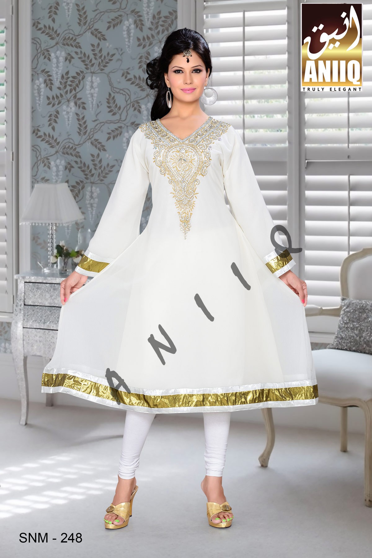 Off White   Embroidered   Faux Georgette   Kurti