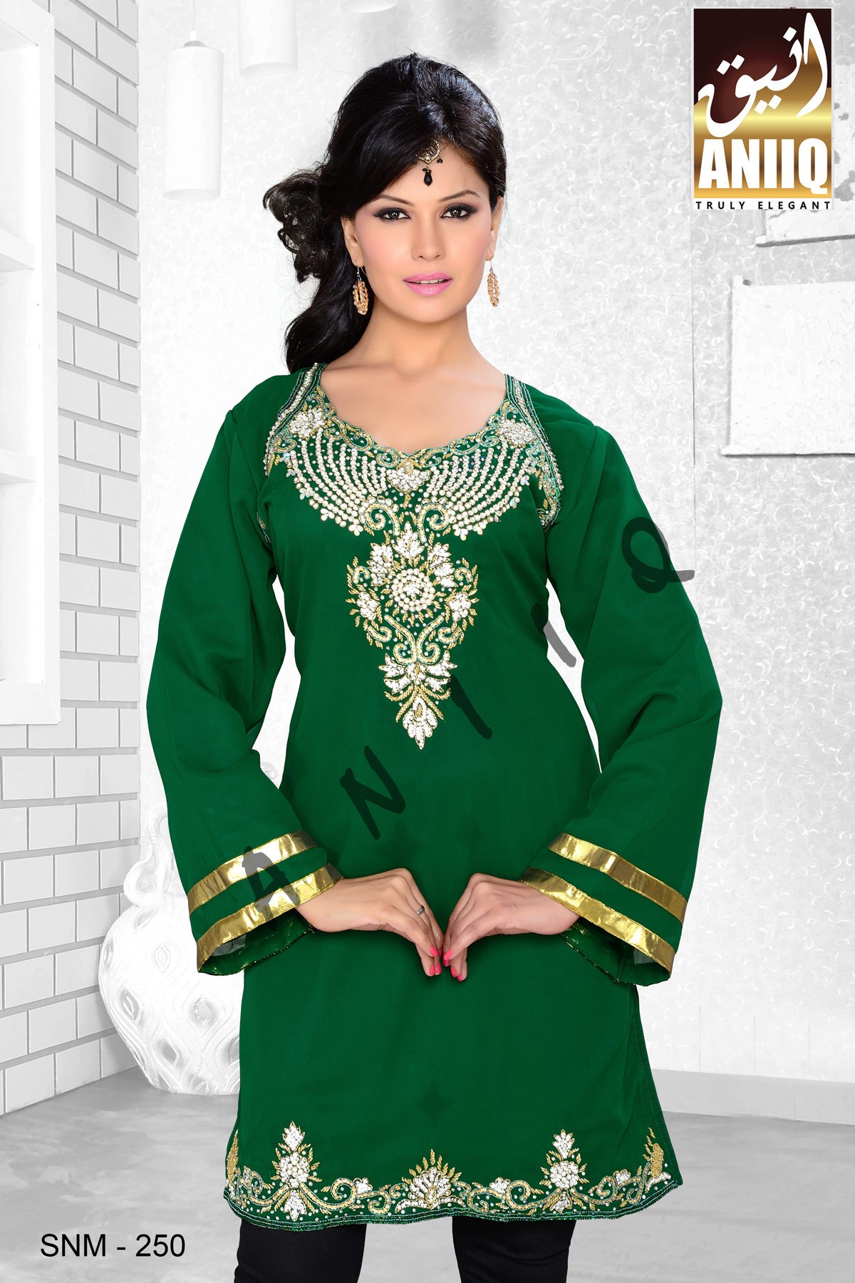 Bottle Green   Embroidered   Faux Georgette   Kurti