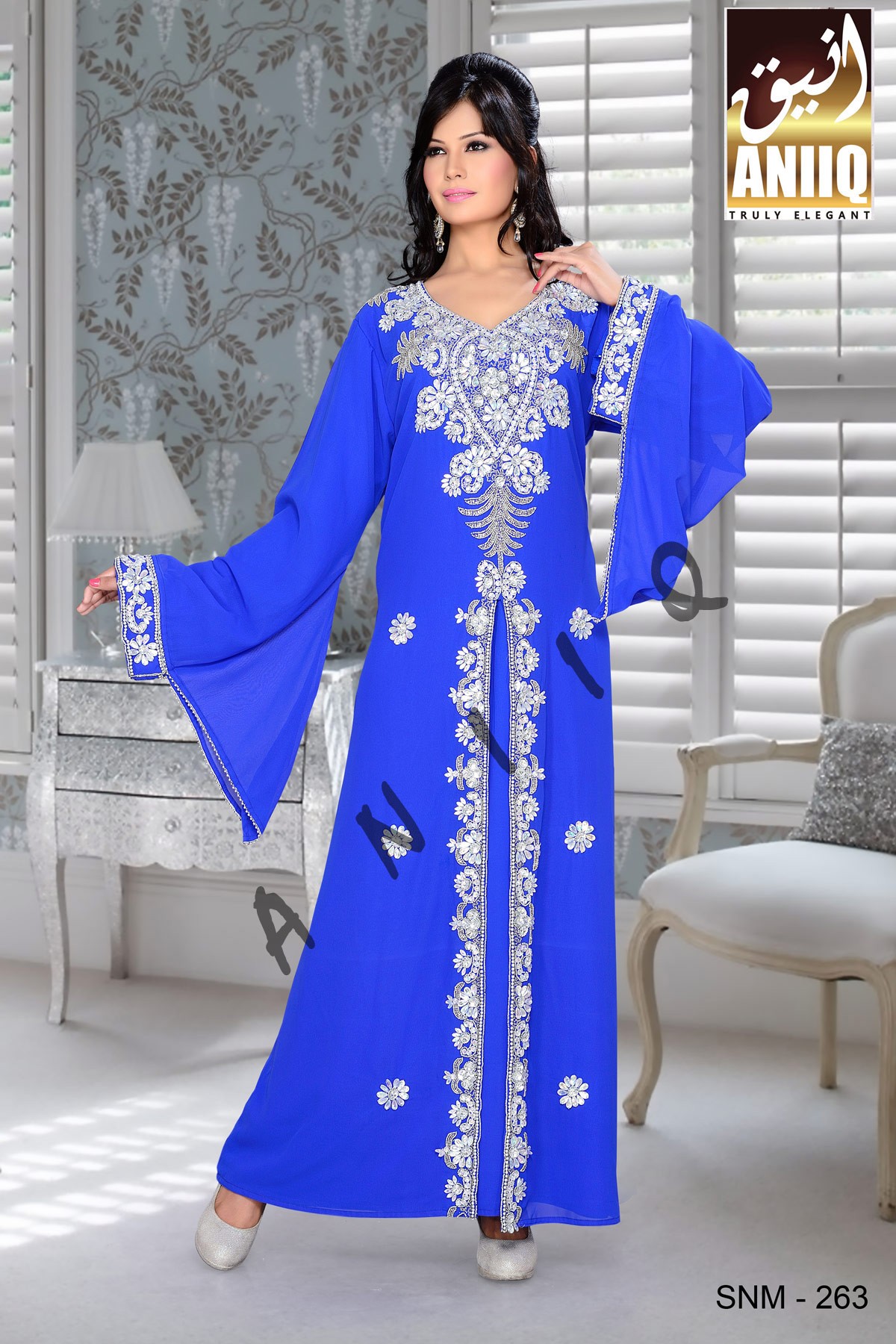 Royal Blue   Embroidered   Faux Georgette   Kaftan