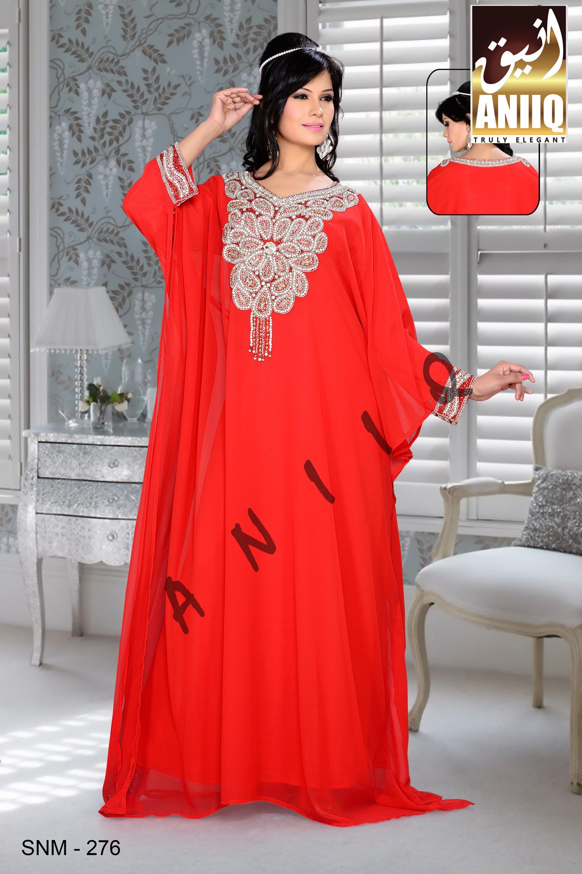 Red   Embroidered   Faux Georgette   Farasha