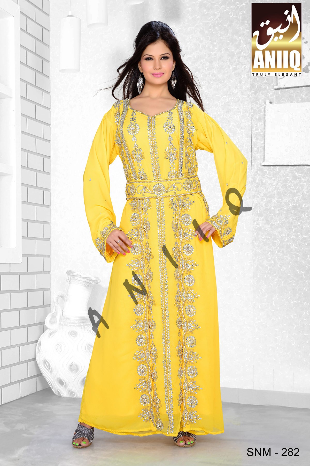 Yellow   Embroidered   Faux Georgette   Kaftan