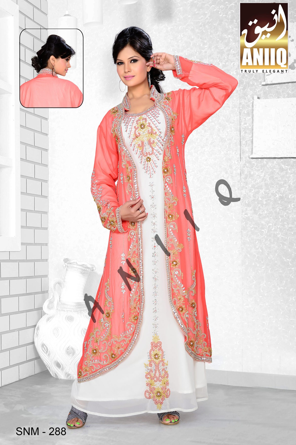 Coral And Off White   Embroidered   Faux Georgette   Kaftan