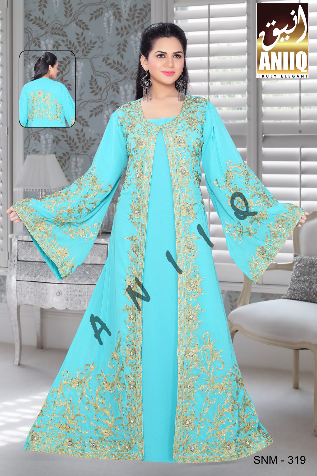 Sky Blue  Embroidered  Faux Georgette  Kaftan