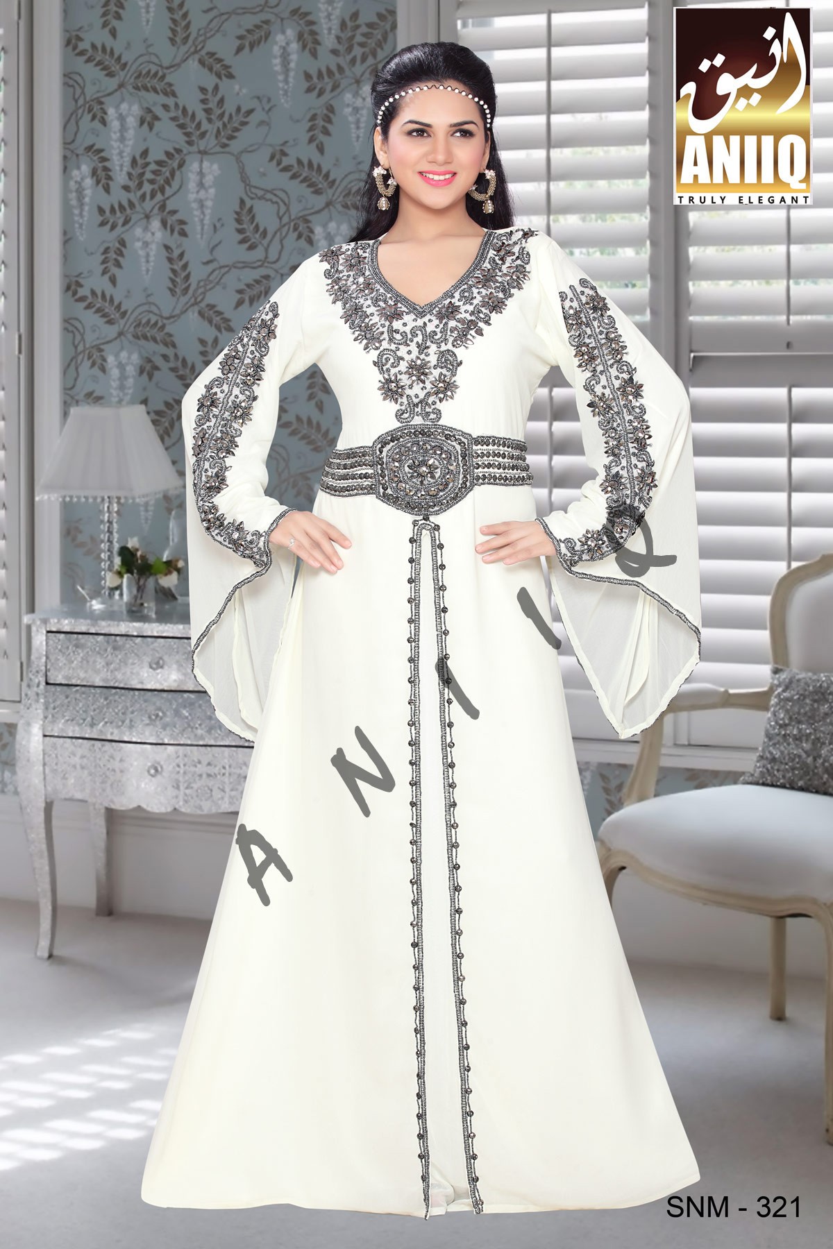 Off White  Embroidered  Faux Georgette  Kaftan
