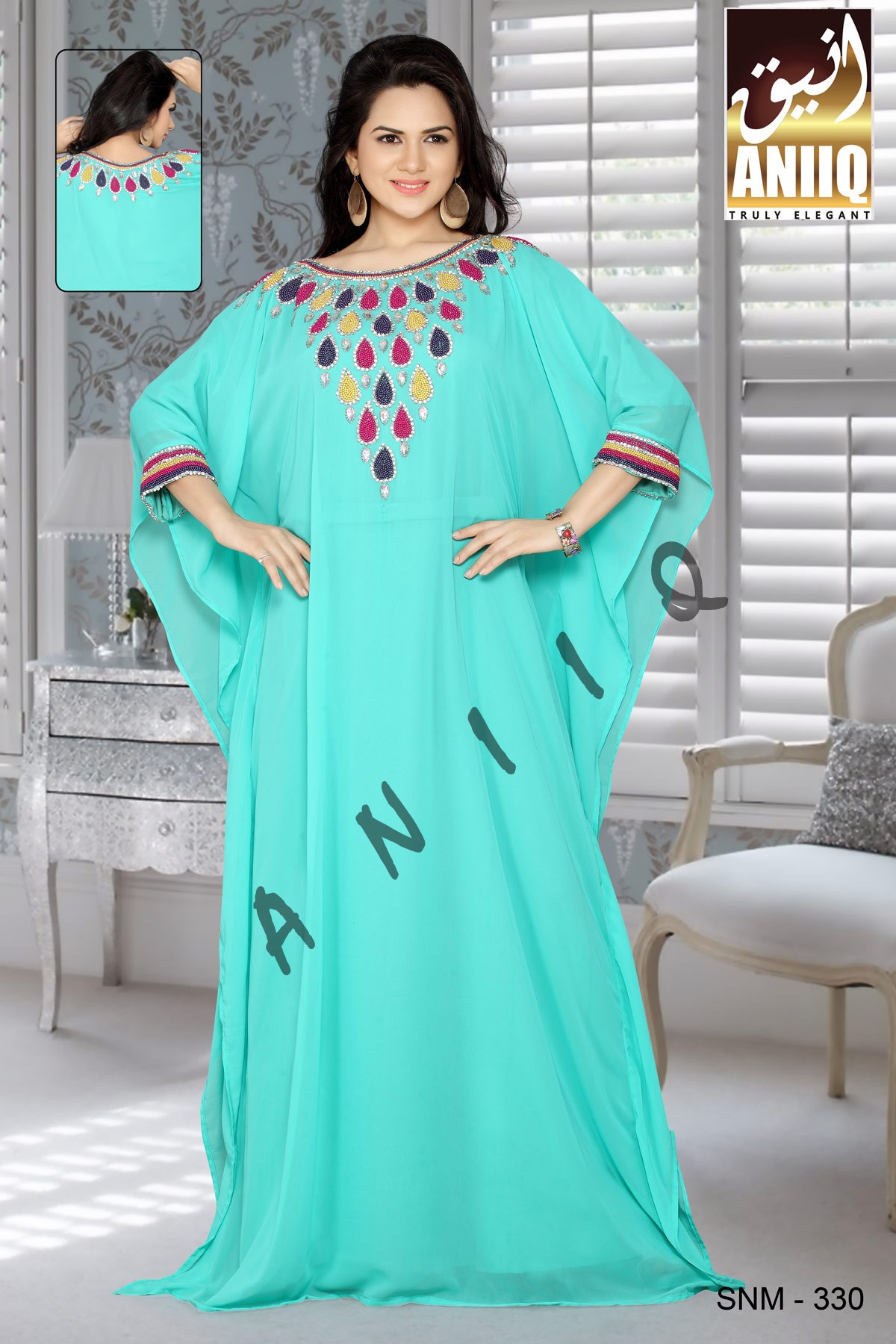 Sea Green  Embroidered  Faux Georgette  Farasha