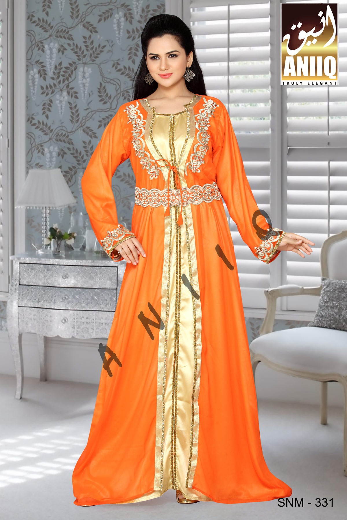 Orange And Golden Satin  Embroidered  Faux Georgette  Kaftan