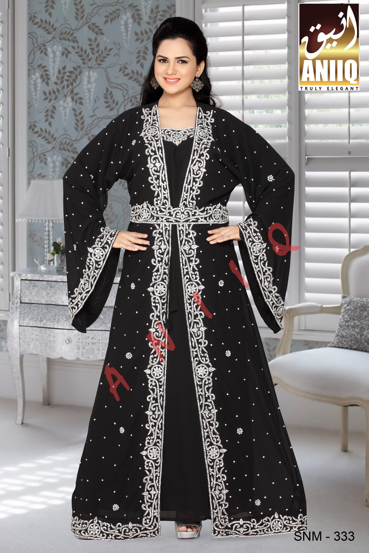 Black  Embroidered  Faux Georgette  Kaftan