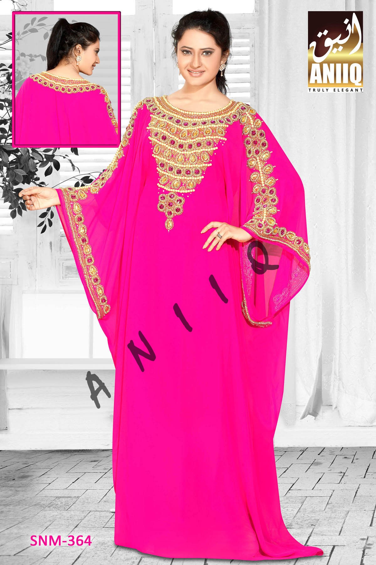 Fuchsia Pink  Embroidered  Faux Georgette  Farasha