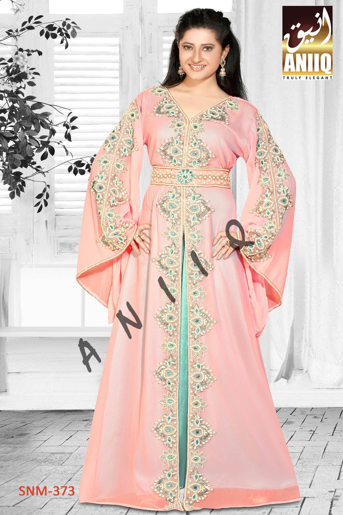 Baby Pink & Turquoise Blue  Embroidered  Faux Georgette  Kaftan