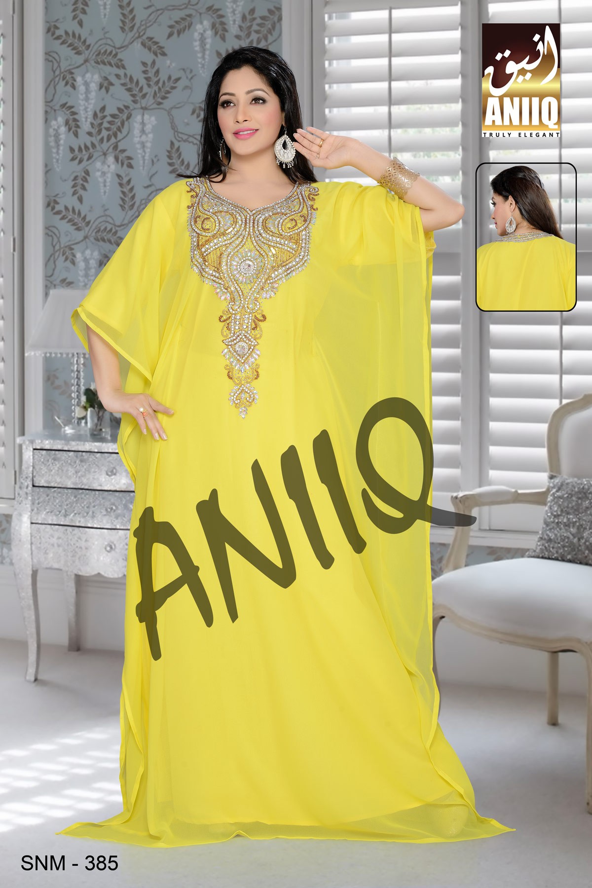 Yellow  Embroidered  Faux Georgette  Farasha