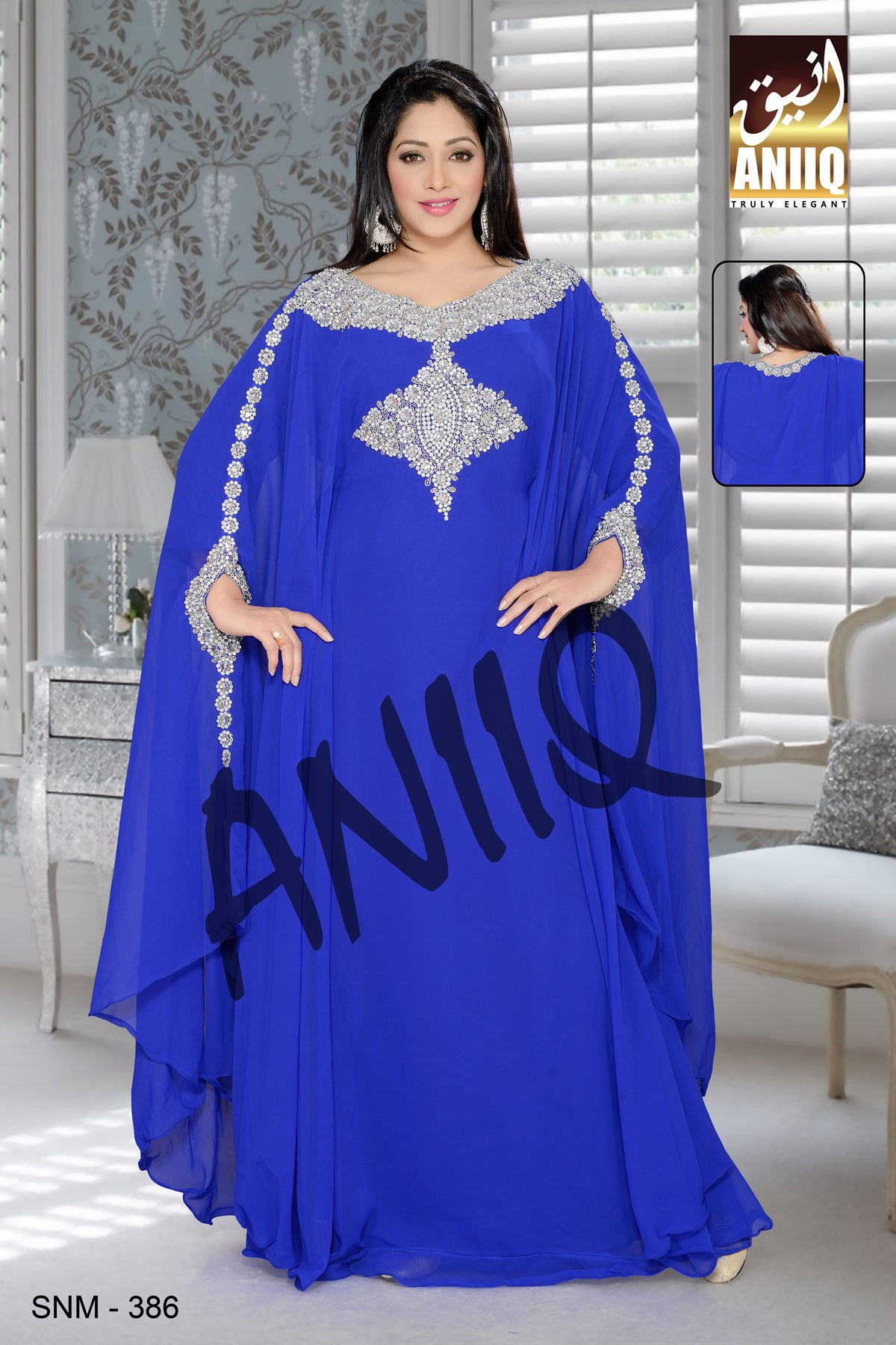 Royal Blue  Embroidered  Faux Georgette  Farasha