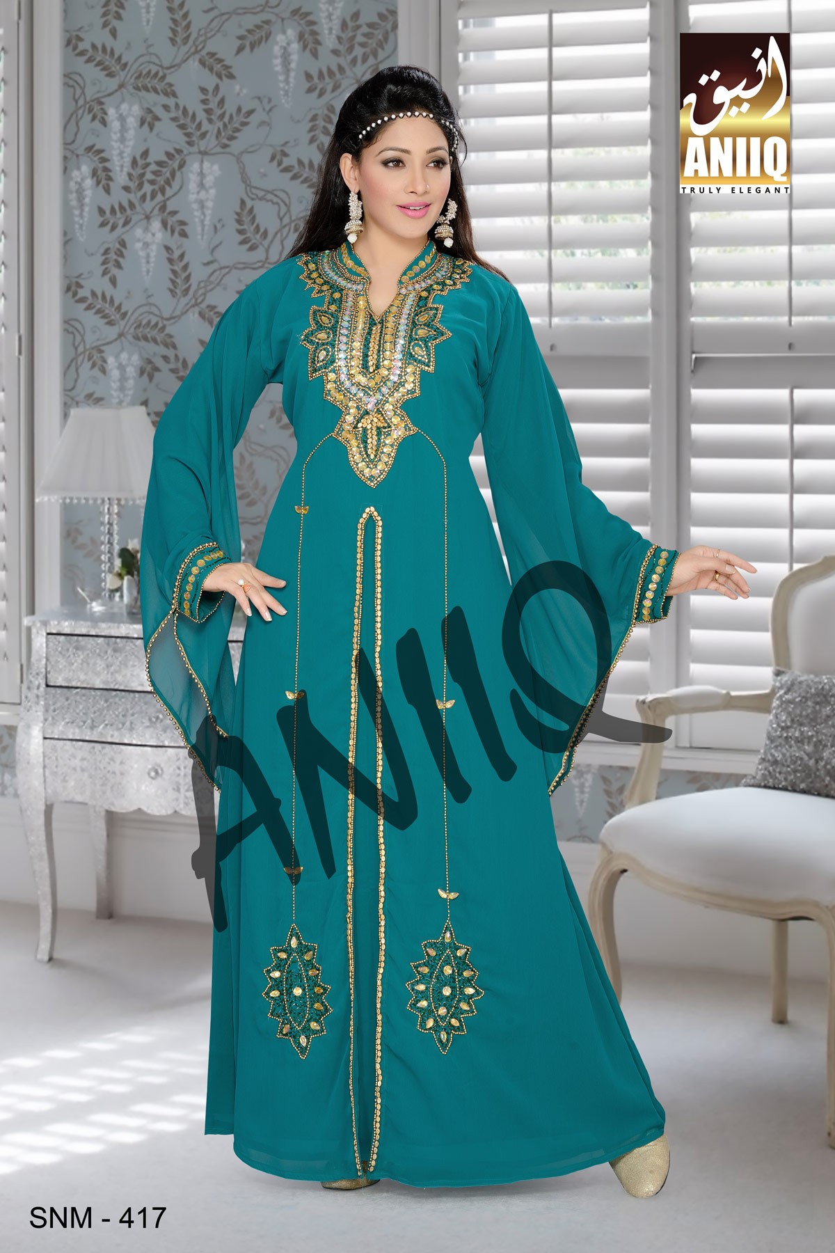 Teal Green   Embroidered   Faux Georgette   Kaftan