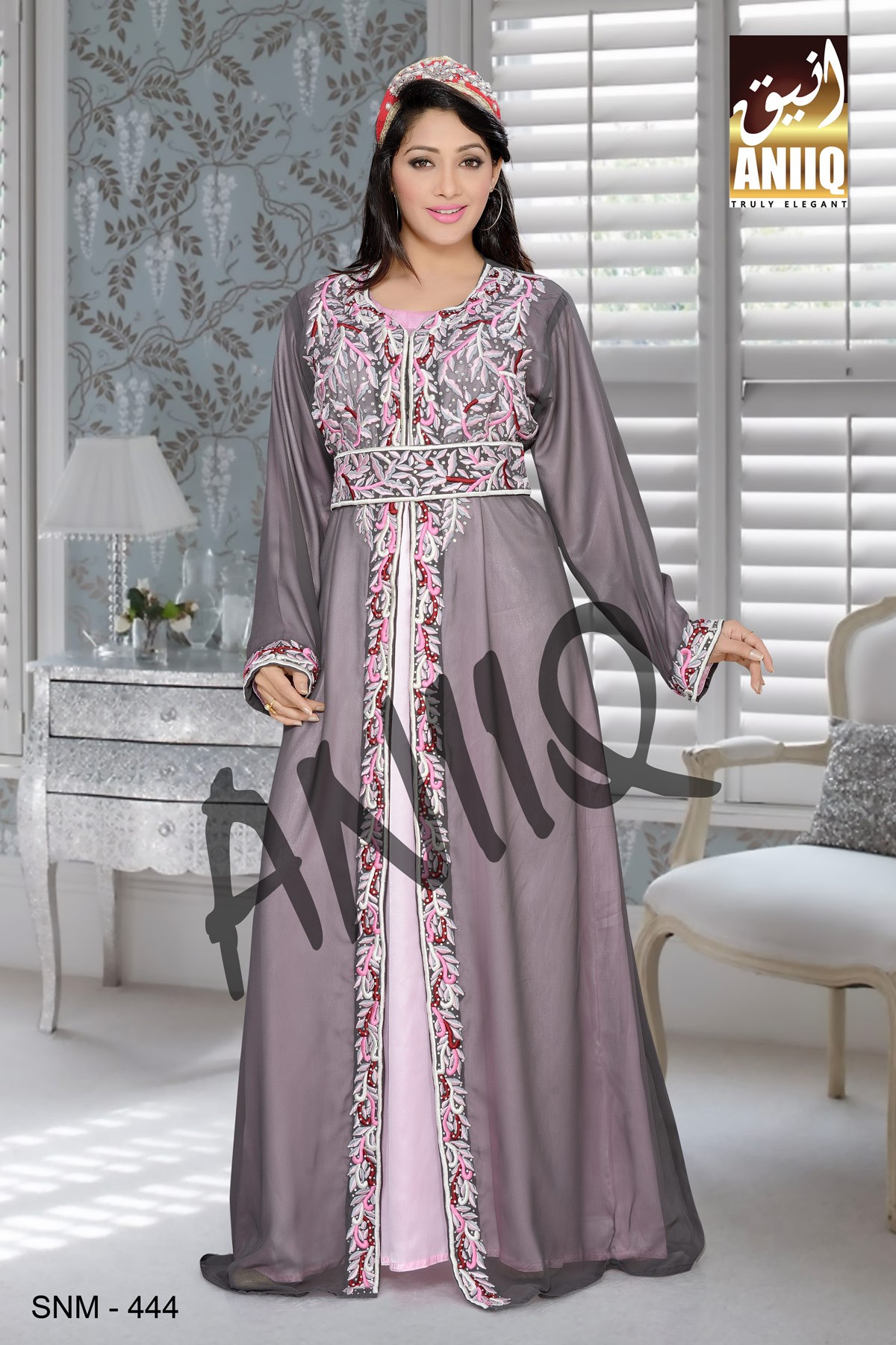 Grey And Baby Pink Satin   Embroidered   Faux Georgette   Kaftan