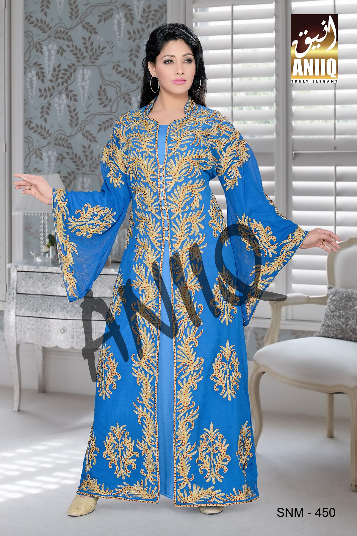 Blue   Embroidered   Faux Georgette   Kaftan