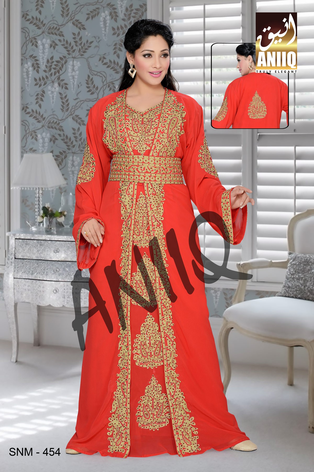 Red   Embroidered   Faux Georgette   Kaftan