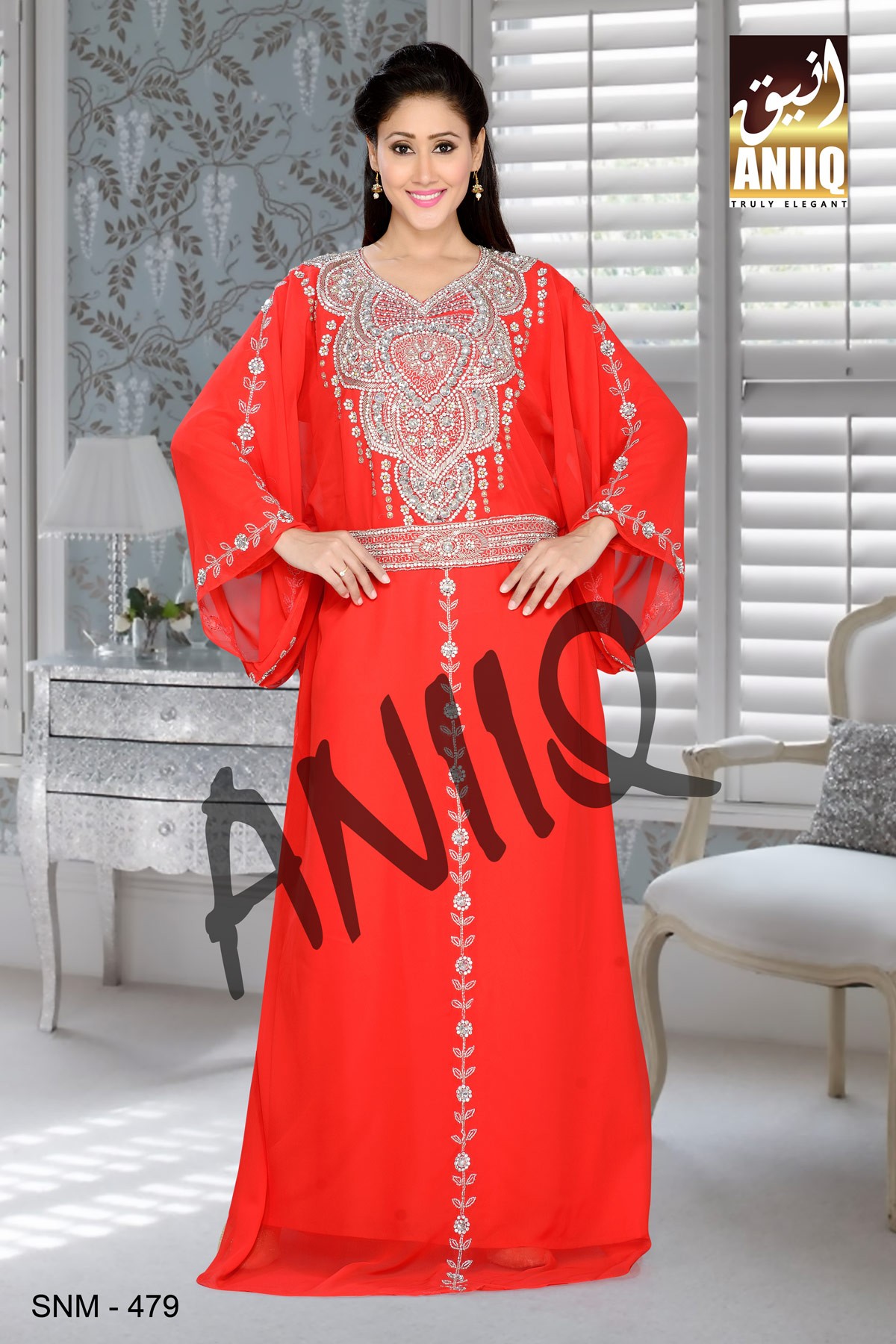 Red   Embroidered   Faux Georgette   Farasha