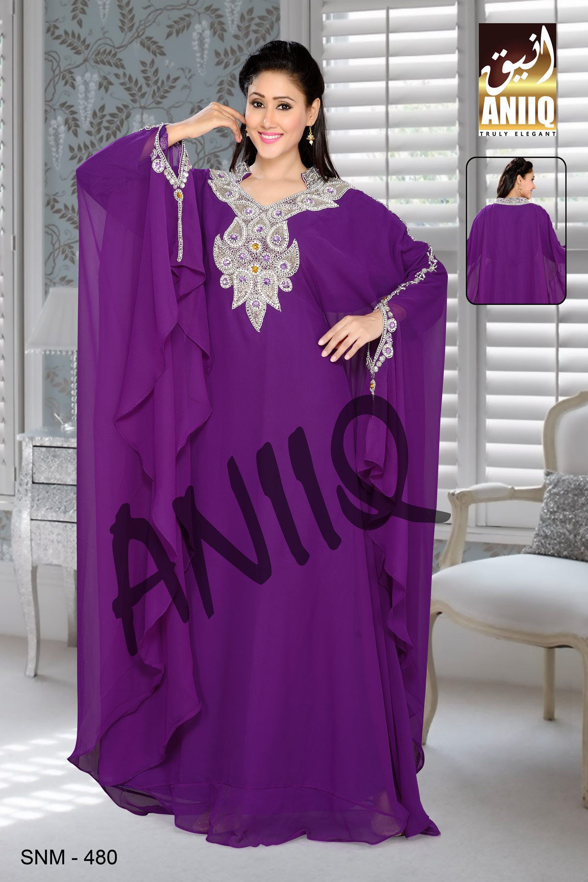 Purple   Embroidered   Faux Georgette   Farasha