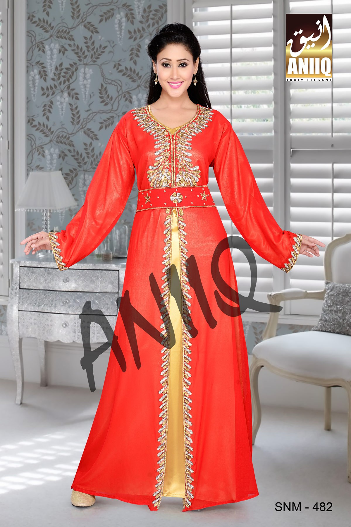 Red And Golden Satin   Embroidered   Faux Georgette   Kaftan